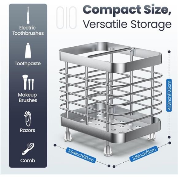 Stainless Steel Toothbrush Holder Wall Mounted Countertop Bathroom Organizer - Picture 3 of 7
